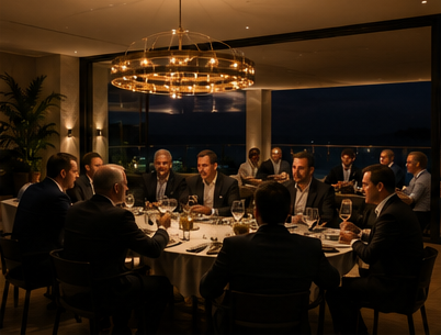 The long table beneath the chandelier