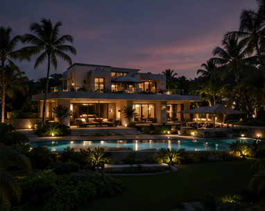 Private estate and pool at night